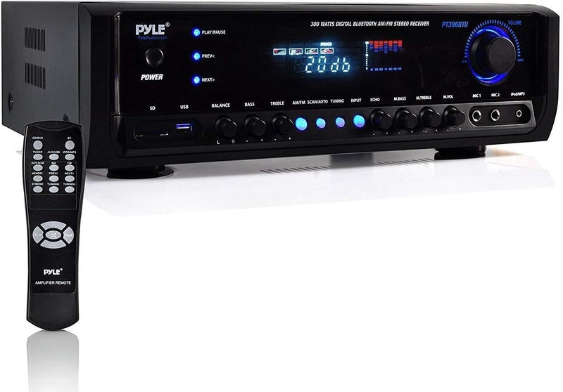 Pyle نظام مضخم الصوت اللاسلكي بلوتوث - 300 واط 4 قنوات مسرح منزلي صوت ستيريو مستقبل صندوق ترفيهي مع USB، RCA، 3.5 مم AUX، LED، جهاز تحكم عن بعد لمكبر الصوت، PA، استوديو، أسود - PT390BTU - Image 1