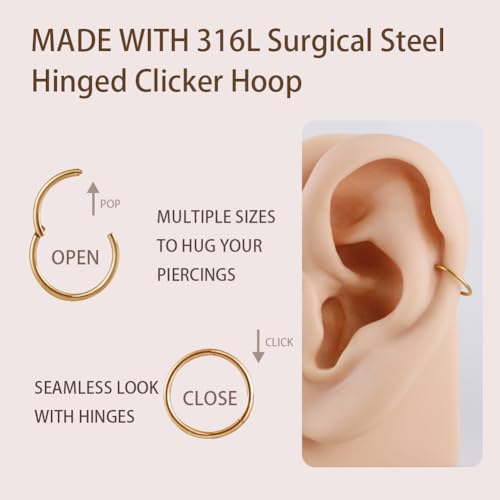 FANSING 20g 8mm Nose Hoop 20 Gauge Hinged Seamless Piercing Jewelry Ring for Septum Helix Cartilage Earlobe Lip Daith Tragus Rook & Conch 18k Gold-plated Surgical Steel - Image 4