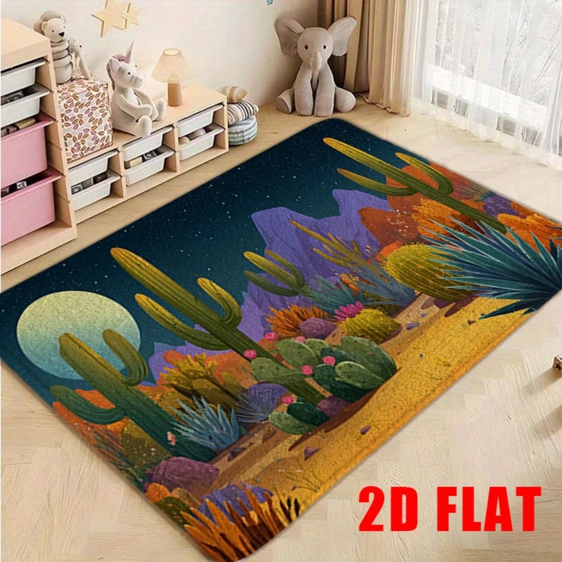 2D Flat Soft Flannel Desert Cactus Pattern Bath Anti Slip Mat 19.7In X 31.5In Durable Non Slip Backing For Bathroom Safety Indoor Outdoor Use Living Room Bedroom Wedding - Image 1