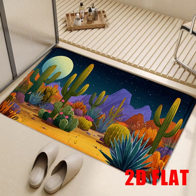 2D Flat Soft Flannel Desert Cactus Pattern Bath Anti Slip Mat 19.7In X 31.5In Durable Non Slip Backing For Bathroom Safety Indoor Outdoor Use Living Room Bedroom Wedding - Image 2