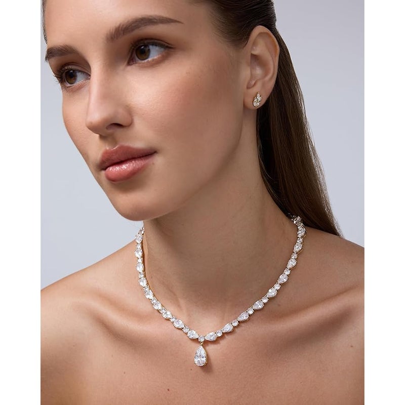 PAVOI 14K Gold Plated Pear Tennis Necklaces for Women - Cubic Zirconia Tennis Necklace with Drop for Brides & Bridesmaids - Cute Simulated Diamond Chain Trendy Wedding Jewelry - Image 3