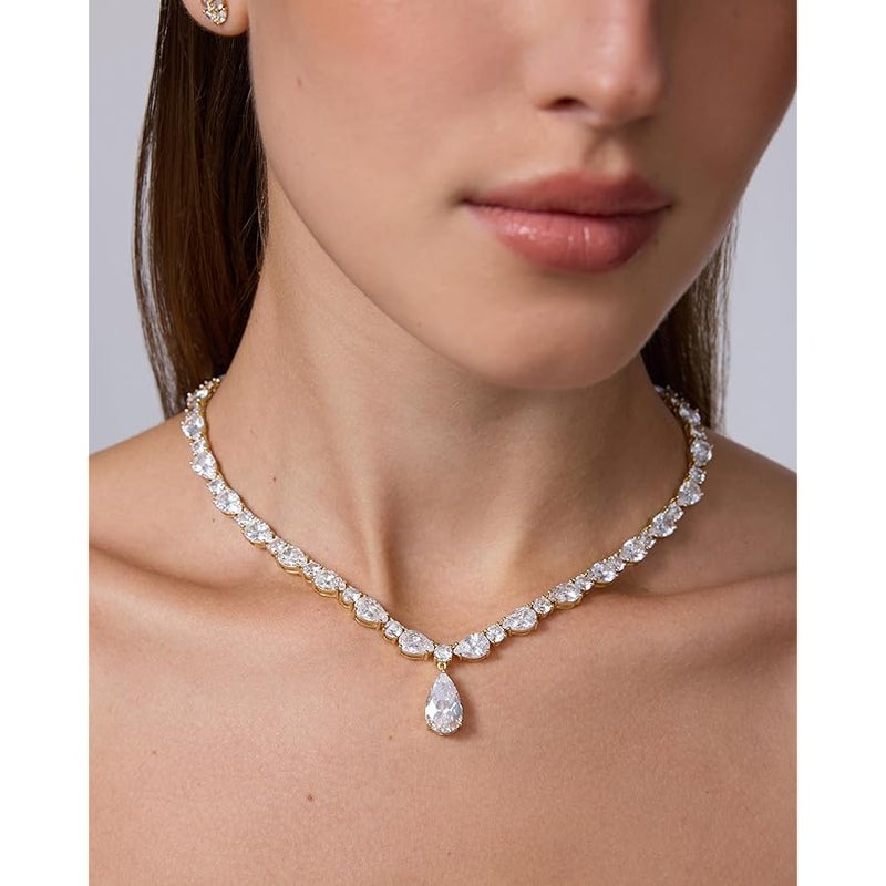 PAVOI 14K Gold Plated Pear Tennis Necklaces for Women - Cubic Zirconia Tennis Necklace with Drop for Brides & Bridesmaids - Cute Simulated Diamond Chain Trendy Wedding Jewelry - Image 2
