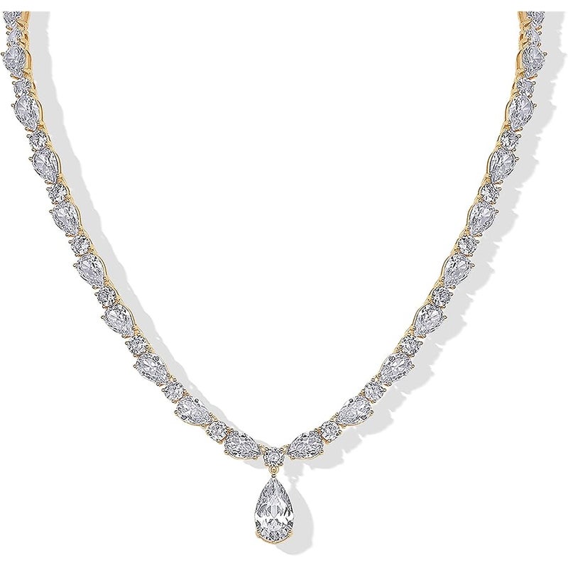 PAVOI 14K Gold Plated Pear Tennis Necklaces for Women - Cubic Zirconia Tennis Necklace with Drop for Brides & Bridesmaids - Cute Simulated Diamond Chain Trendy Wedding Jewelry - Image 1
