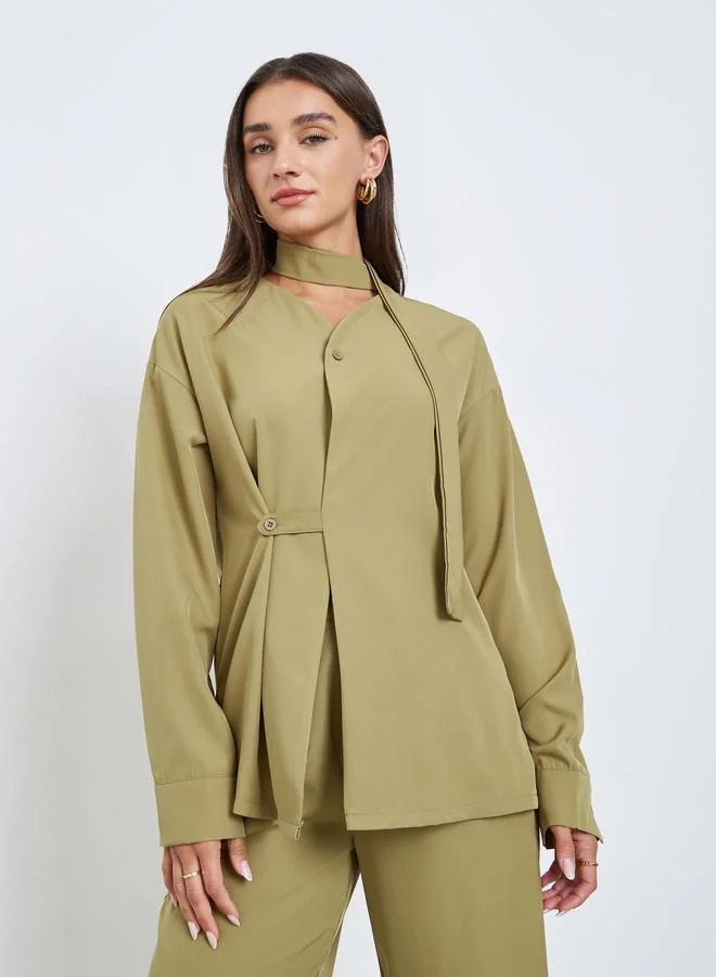 Styli Olive Wrap Front Shirt and Trousers Co-ords