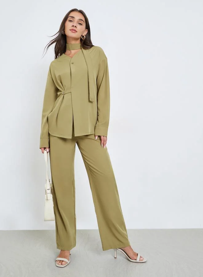 Olive Wrap Front Shirt and Trousers Co-ords