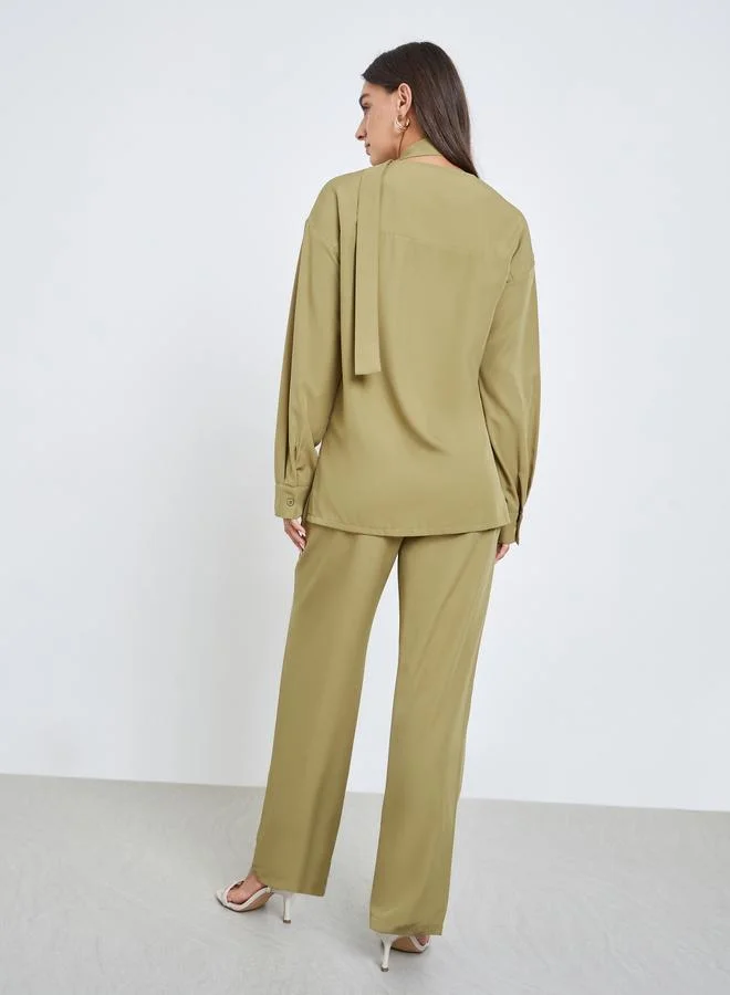Styli Olive Wrap Front Shirt and Trousers Co-ords