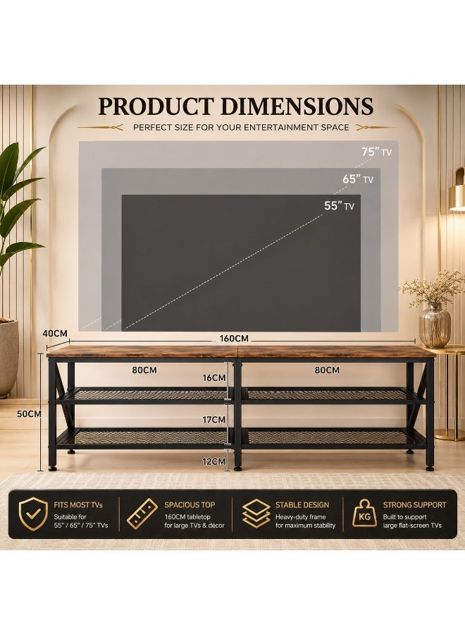 BrandTech Premium Modern TV Stand for 32-75 Inch TVs, Rustic Wooden Entertainment Center with 3-Tier Open Storage, Heavy-Duty Metal Frame, Media Console Table, 160 × 40 × 50 cm60 × 40 × 50 cm)  Option 3 - Image 2