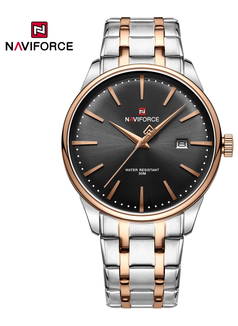 NAVIFORCE Elegant Silver Stainless Steel Analog Wrist Watch for Men with Date Display Water Resistant Classic Design Quartz Movement Stylish Business and Casual Timepiece Durable Bracelet Comfortable Wear  - Image 1