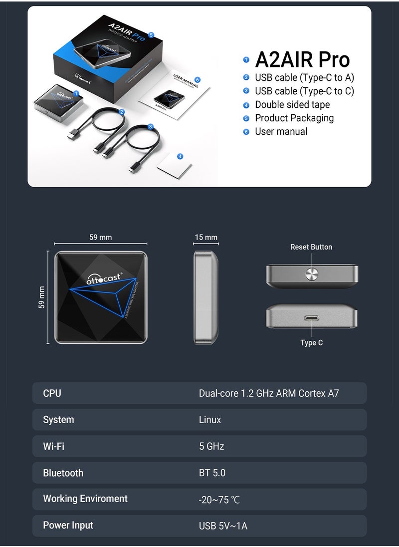 Ottocast - OTTOCAST A2Air PRO Wired To Wireless Android Auto Adapter Android Car Accessories Bluetooth Upgrade Dongle for Nissan VW Ford - Image 1