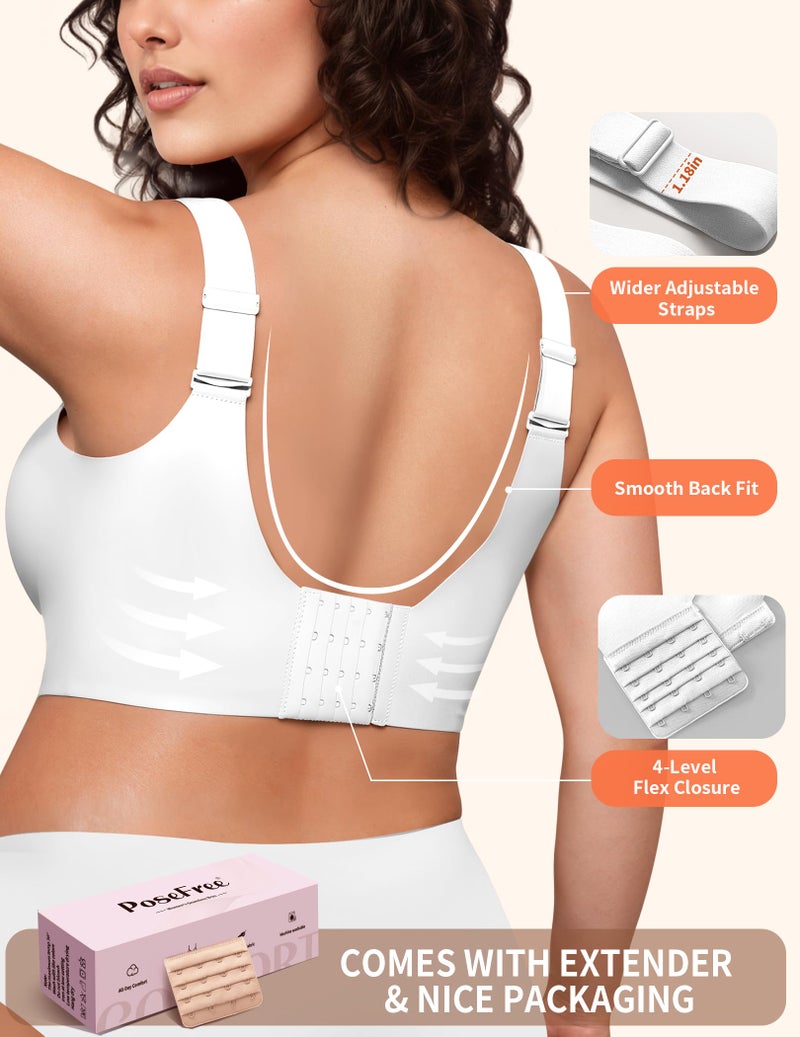 PoseFree Womens Bras No Underwire Full Support Back Fat Smoothing Bralette Wireless Push Up Plus Size T-Shirt Bra (White,L) - Image 3