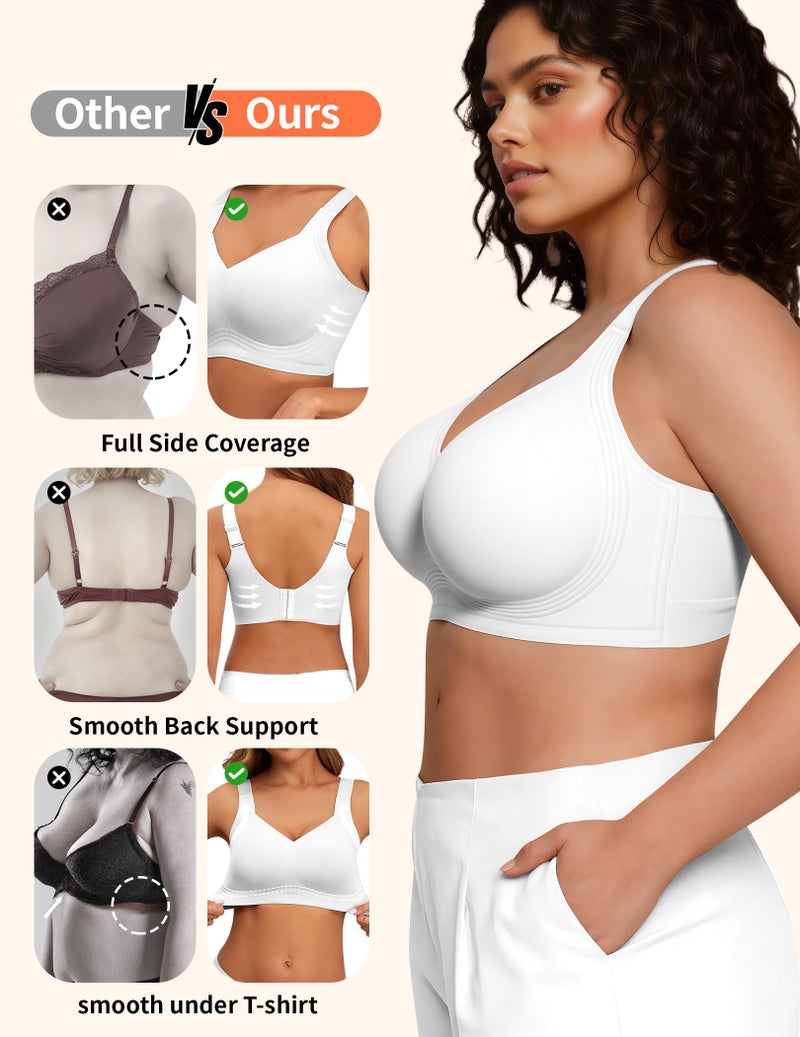 PoseFree Womens Bras No Underwire Full Support Back Fat Smoothing Bralette Wireless Push Up Plus Size T-Shirt Bra (White,L) - Image 4