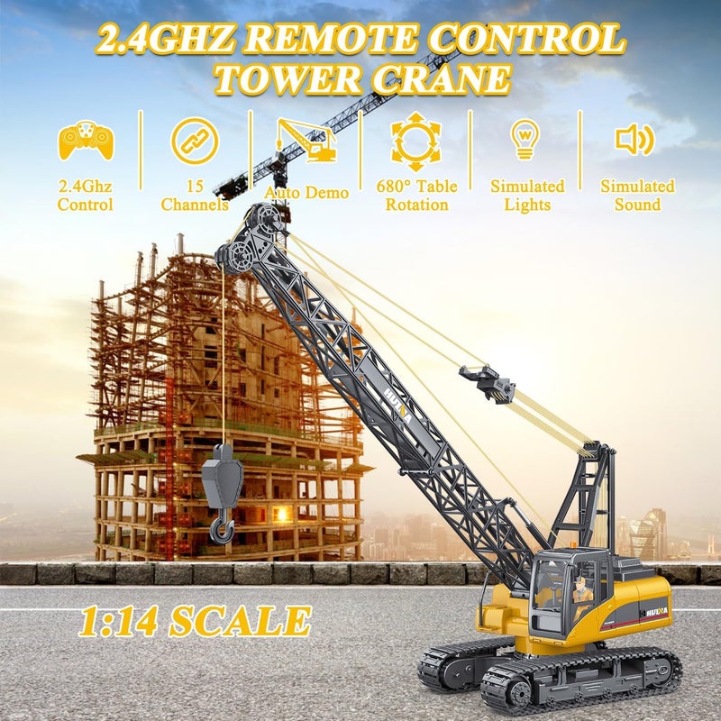 Fistone 1/14 RC Truck Crawler Tower Crane Hoist Dragline Die-cast Model Lifiting Cable Remote Control Excavator Tractor Digging Engineering Toy Construction Vehicle - Image 2