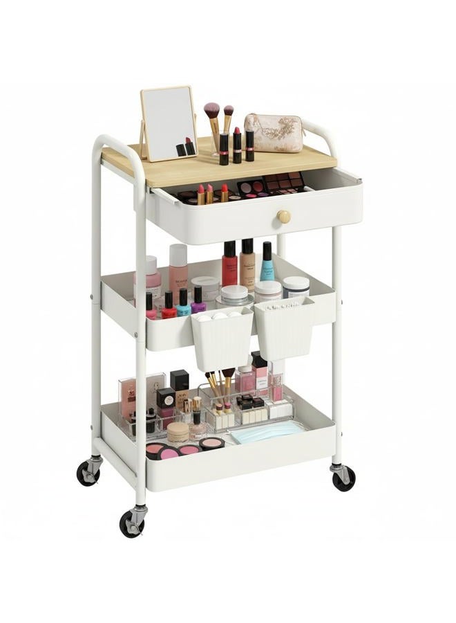 danpinera 3 Tier Rolling Cart with Wooden Table Top, White Rolling Utility Cart with Drawer & Locked Wheels, Easy Assembly for Nursery, Living Room, Studio - Image 1