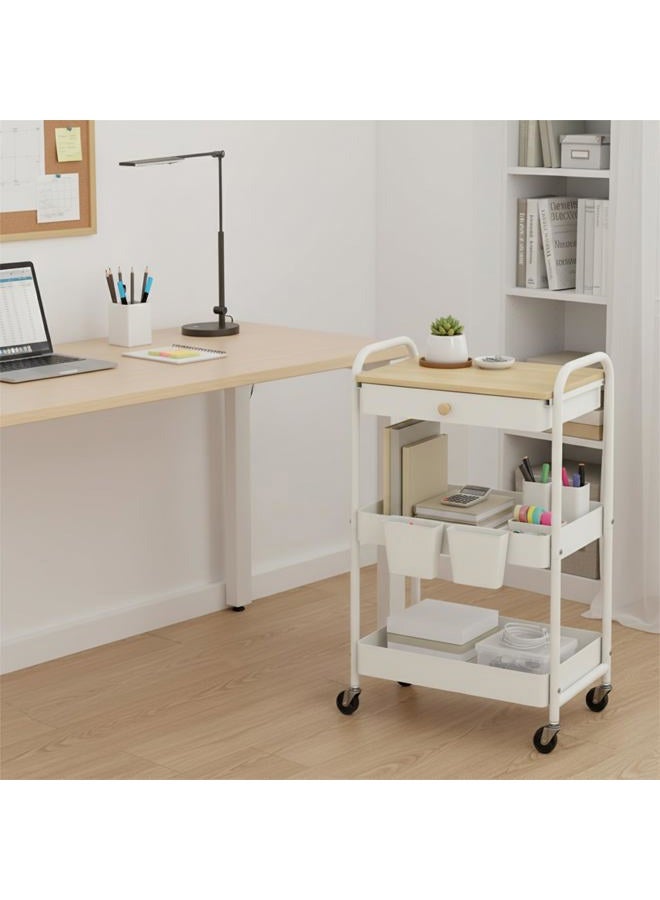 danpinera 3 Tier Rolling Cart with Wooden Table Top, White Rolling Utility Cart with Drawer & Locked Wheels, Easy Assembly for Nursery, Living Room, Studio - Image 5