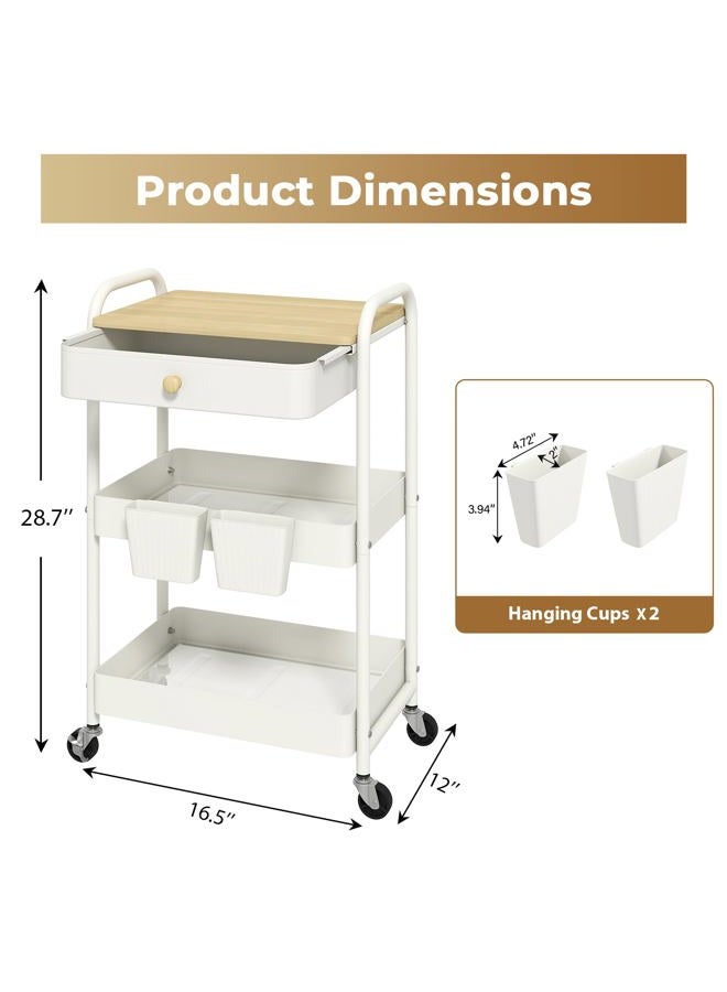 danpinera 3 Tier Rolling Cart with Wooden Table Top, White Rolling Utility Cart with Drawer & Locked Wheels, Easy Assembly for Nursery, Living Room, Studio - Image 2