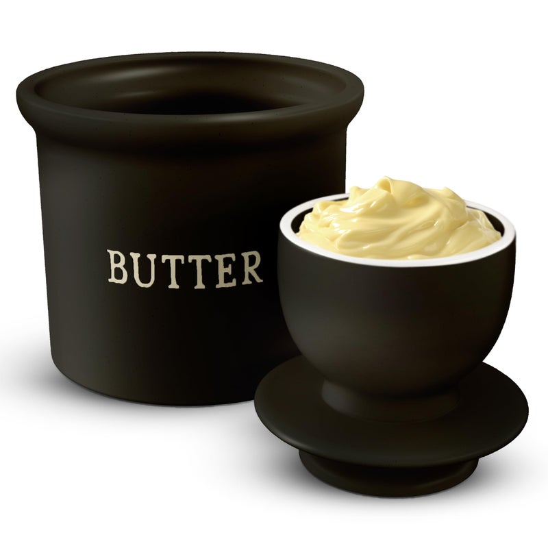 Kook Butter Crock with Lid, Soft Spreadable Butter, Ceramic French Butter Keeper to Leave On Counter with Water Line, Butter Dish, Home and Kitchen Decor, Perfect for Christmas Gift (Black) - Image 2