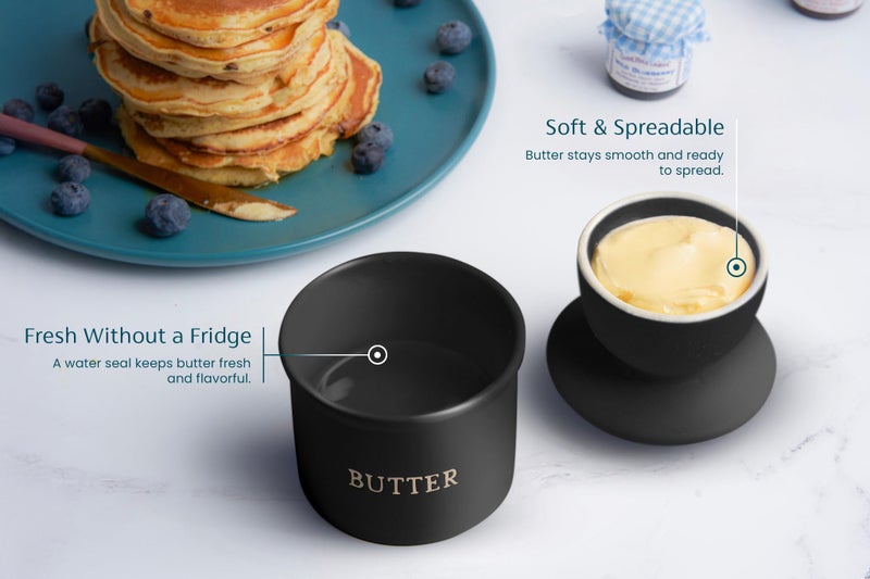 Kook Butter Crock with Lid, Soft Spreadable Butter, Ceramic French Butter Keeper to Leave On Counter with Water Line, Butter Dish, Home and Kitchen Decor, Perfect for Christmas Gift (Black) - Image 3