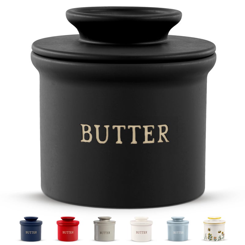 Kook Butter Crock with Lid, Soft Spreadable Butter, Ceramic French Butter Keeper to Leave On Counter with Water Line, Butter Dish, Home and Kitchen Decor, Perfect for Christmas Gift (Black) - Image 1