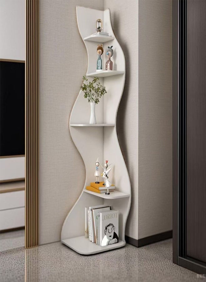 سي آند سي هوم رف عرض زاوية مموج عصري - مكتبة زاوية منحنية طويلة قائمة بذاتها باللون الأبيض مع تخزين مفتوح متعدد الطبقات لغرفة المعيشة أو غرفة النوم أو المدخل - منظم تخزين فني موفر للمساحة للكتب والنباتات وديكور المنزل - وحدة رفوف عمودية منحوتة من 5 طبقات 48 × 50 × 182 سم. - Image 1