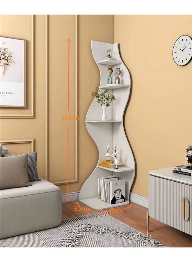 سي آند سي هوم رف عرض زاوية مموج عصري - مكتبة زاوية منحنية طويلة قائمة بذاتها باللون الأبيض مع تخزين مفتوح متعدد الطبقات لغرفة المعيشة أو غرفة النوم أو المدخل - منظم تخزين فني موفر للمساحة للكتب والنباتات وديكور المنزل - وحدة رفوف عمودية منحوتة من 5 طبقات 48 × 50 × 182 سم. - Image 2