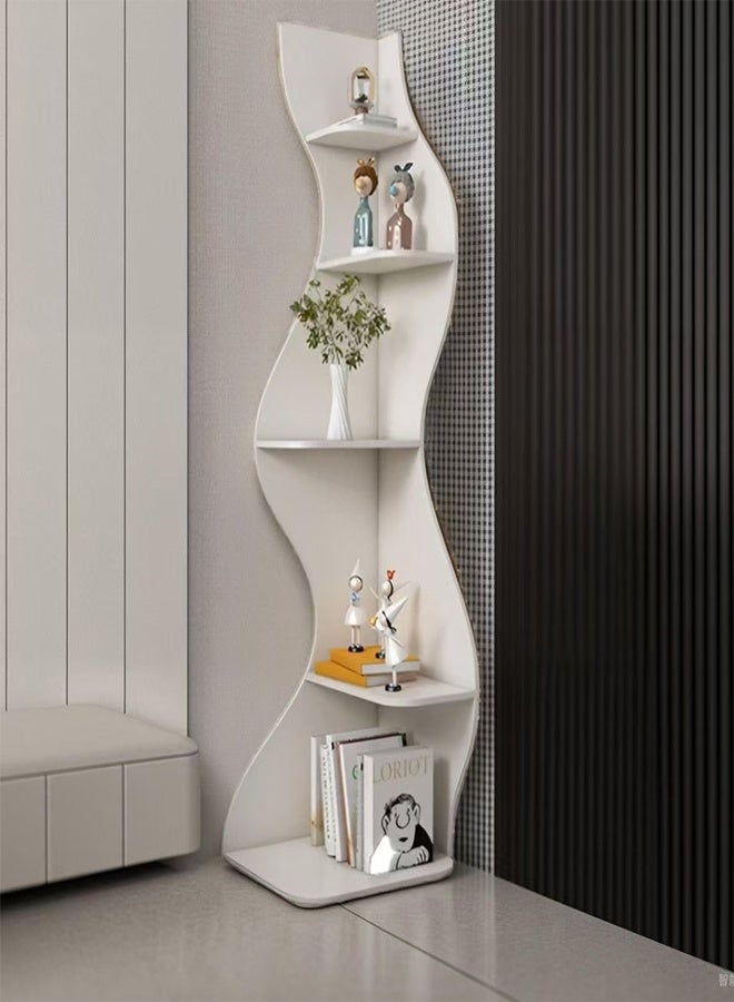 سي آند سي هوم رف عرض زاوية مموج عصري - مكتبة زاوية منحنية طويلة قائمة بذاتها باللون الأبيض مع تخزين مفتوح متعدد الطبقات لغرفة المعيشة أو غرفة النوم أو المدخل - منظم تخزين فني موفر للمساحة للكتب والنباتات وديكور المنزل - وحدة رفوف عمودية منحوتة من 5 طبقات 48 × 50 × 182 سم. - Image 3