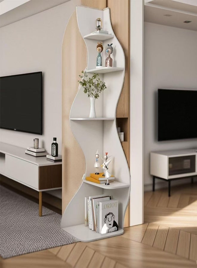 سي آند سي هوم رف عرض زاوية مموج عصري - مكتبة زاوية منحنية طويلة قائمة بذاتها باللون الأبيض مع تخزين مفتوح متعدد الطبقات لغرفة المعيشة أو غرفة النوم أو المدخل - منظم تخزين فني موفر للمساحة للكتب والنباتات وديكور المنزل - وحدة رفوف عمودية منحوتة من 5 طبقات 48 × 50 × 182 سم. - Image 5