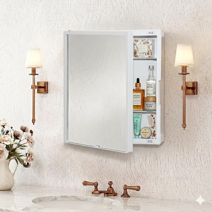 BRANCO New Rich Look Bathroom Cabinet with Mirror | Storage Organiser | Strong Plastic Bathroom Shelves Wall Mounted | Bathroom Accessories| Mirror Cabinet- Ivory - Image 2