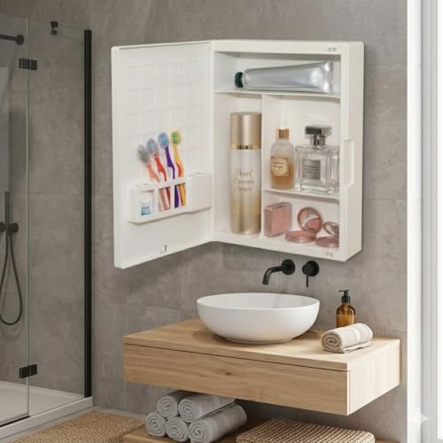 BRANCO New Rich Look Bathroom Cabinet with Mirror | Storage Organiser | Strong Plastic Bathroom Shelves Wall Mounted | Bathroom Accessories| Mirror Cabinet- Ivory - Image 4