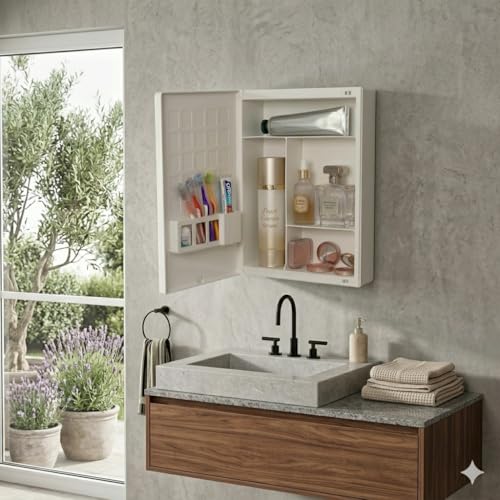 BRANCO New Rich Look Bathroom Cabinet with Mirror | Storage Organiser | Strong Plastic Bathroom Shelves Wall Mounted | Bathroom Accessories| Mirror Cabinet- Ivory - Image 5