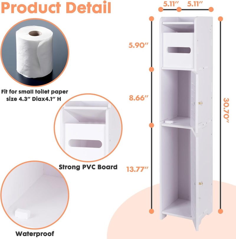 TPGP Powerking White Toilet Paper Holder Stand - Slim Bathroom Storage Cabinet with Doors and Shelves - Image 2