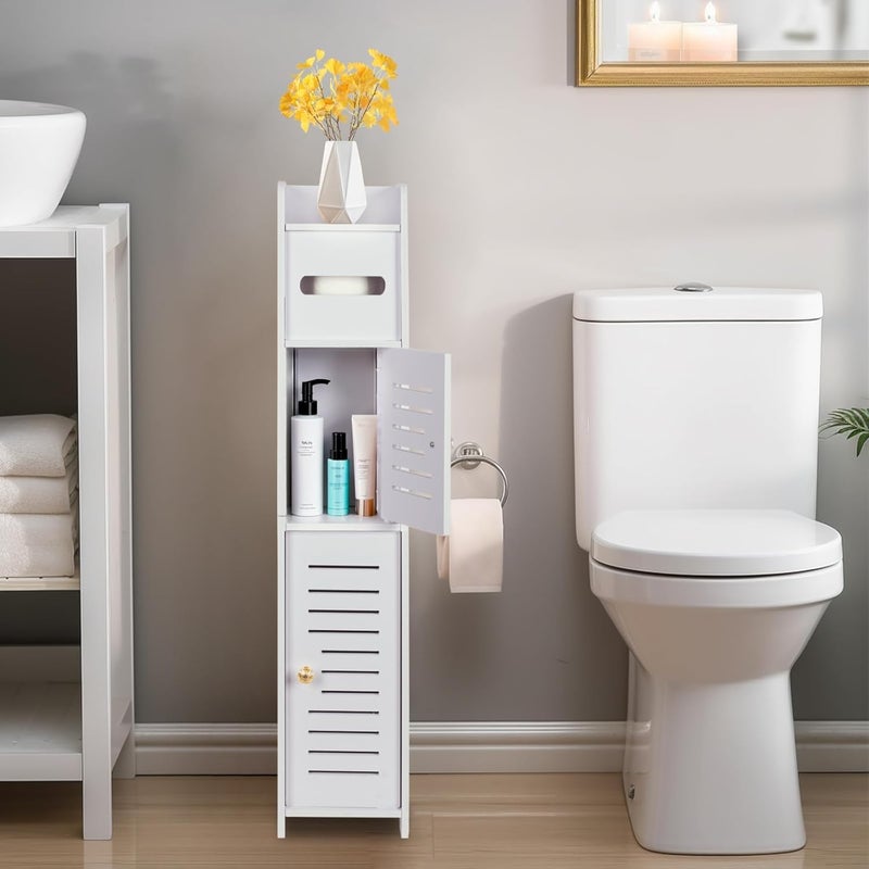 TPGP Powerking White Toilet Paper Holder Stand - Slim Bathroom Storage Cabinet with Doors and Shelves - Image 3