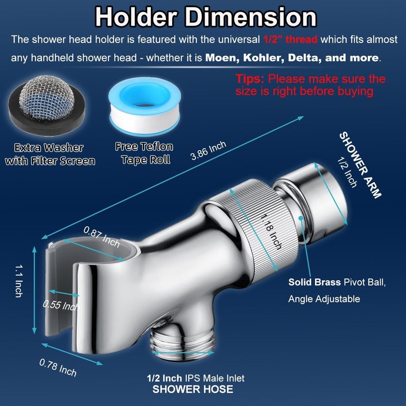 Uvish Shower Head Holder All Metal Adjustable Handheld Shower Arm Mount, 1/2" Shower Hose Holder Fits Most Hand Showerheads, Brass Hand Held Shower Head Holder, Easy to Install(Chrome) - Image 5