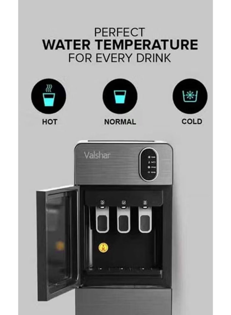 Valshar Bottom Loading Water Dispenser| Normal, Hot and Cold Function, Compressor Cooling, And 3 Taps| Cold Temperature: 4-12 Degrees Celsius; Hot Temperature: 85-95 Degrees Celsius| Perfect For Home And Office| Metallic - Image 2