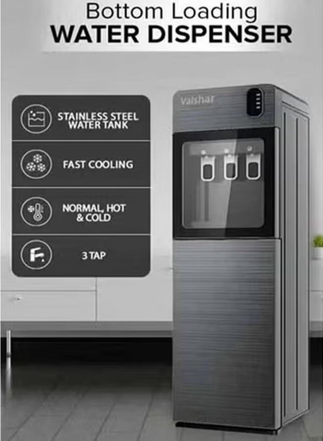 Valshar Bottom Loading Water Dispenser| Normal, Hot and Cold Function, Compressor Cooling, And 3 Taps| Cold Temperature: 4-12 Degrees Celsius; Hot Temperature: 85-95 Degrees Celsius| Perfect For Home And Office| Metallic - Image 1