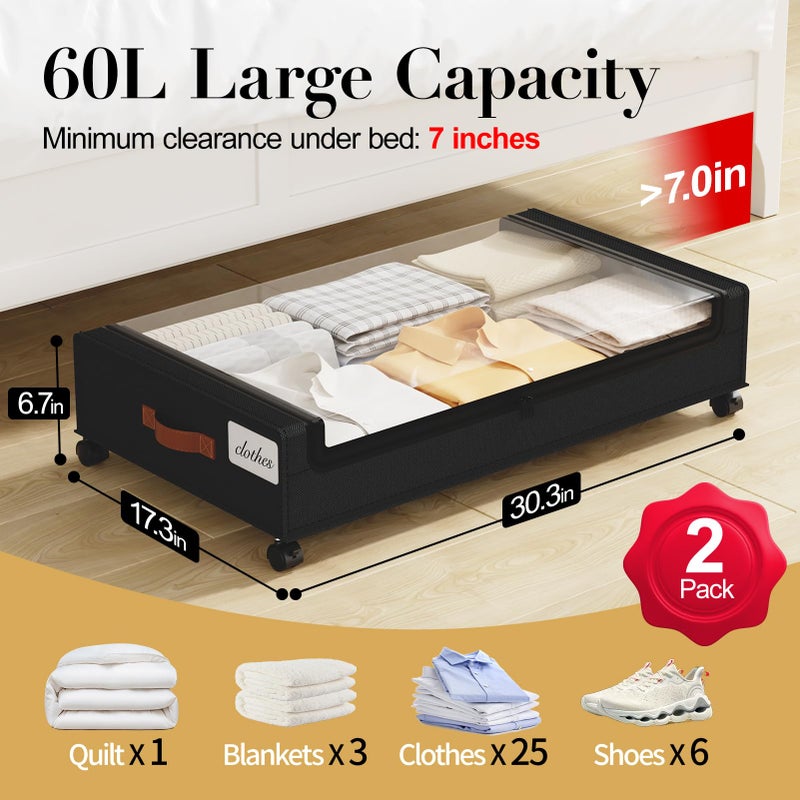 Yecaye Under Bed Storage with Wheels, 2 Pack Under the Bed Storage Containers with Lids & Label, XXL 60L Rolling Underbed Storage Drawers for Clothes, Blankets, Shoes, Black - Image 2