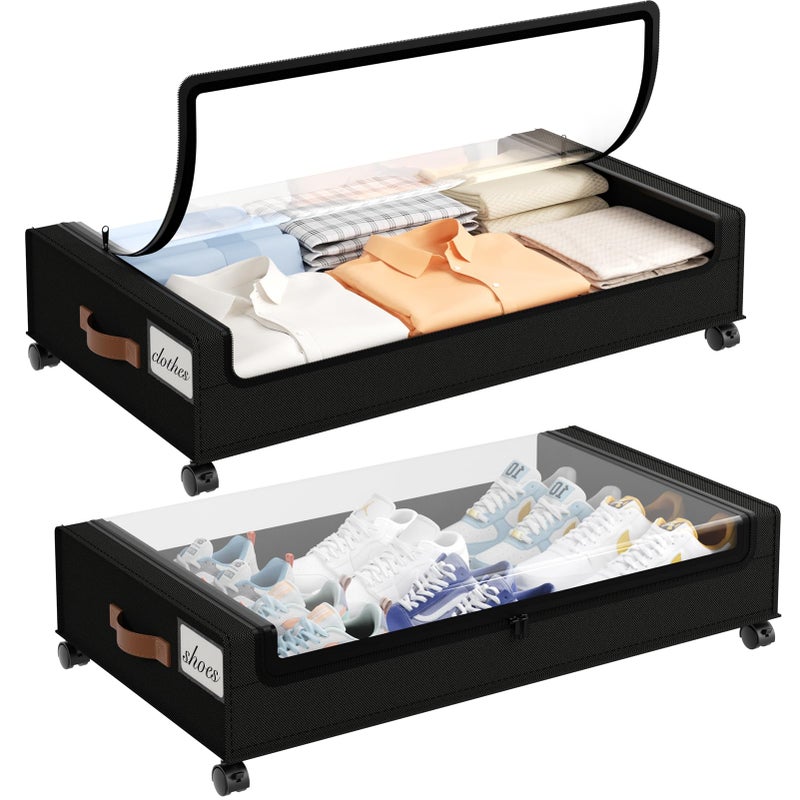 Yecaye Under Bed Storage with Wheels, 2 Pack Under the Bed Storage Containers with Lids & Label, XXL 60L Rolling Underbed Storage Drawers for Clothes, Blankets, Shoes, Black - Image 1