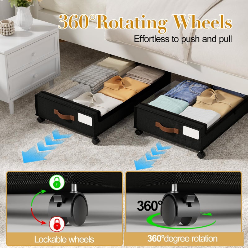 Yecaye Under Bed Storage with Wheels, 2 Pack Under the Bed Storage Containers with Lids & Label, XXL 60L Rolling Underbed Storage Drawers for Clothes, Blankets, Shoes, Black - Image 4