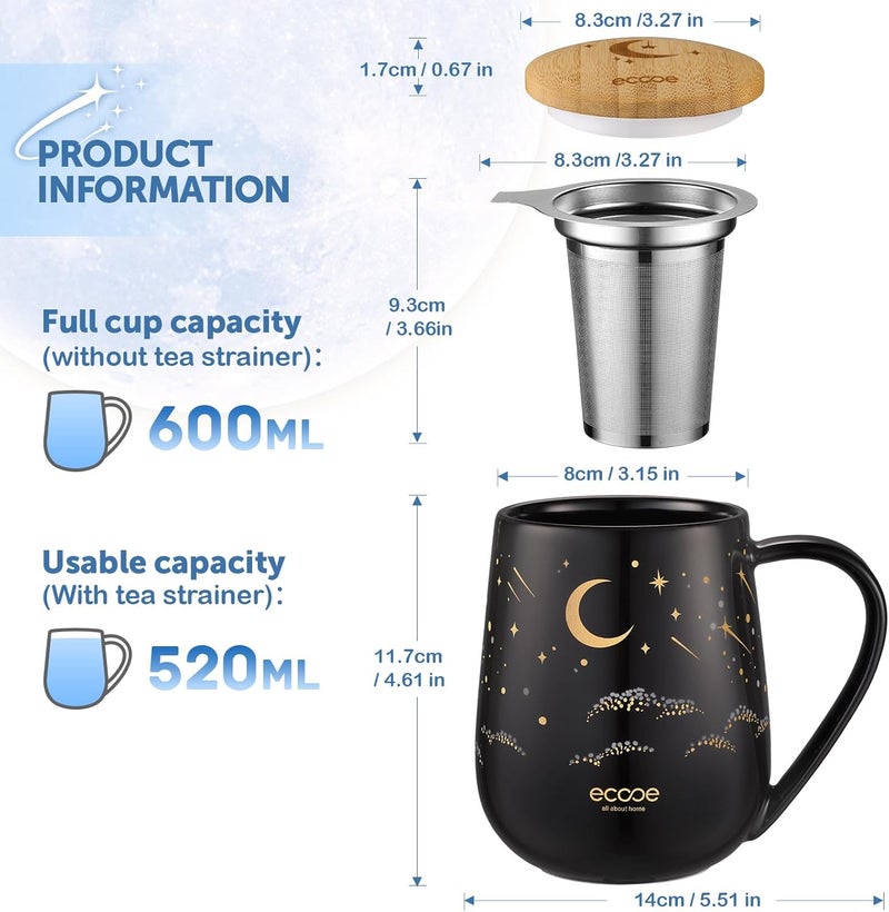 ecooe Tea Infuser Mug 20.3oz Ceramic Tea Cup with Removable Stainless Steel Infuser and Lid, 600ml Tea Mug for Loose Leaf Tea Coffee Milk, Gifts for Women Parents Friends Office Home (Black) - Image 3