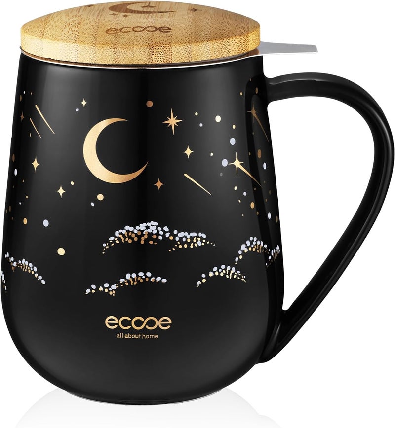 ecooe Tea Infuser Mug 20.3oz Ceramic Tea Cup with Removable Stainless Steel Infuser and Lid, 600ml Tea Mug for Loose Leaf Tea Coffee Milk, Gifts for Women Parents Friends Office Home (Black) - Image 1