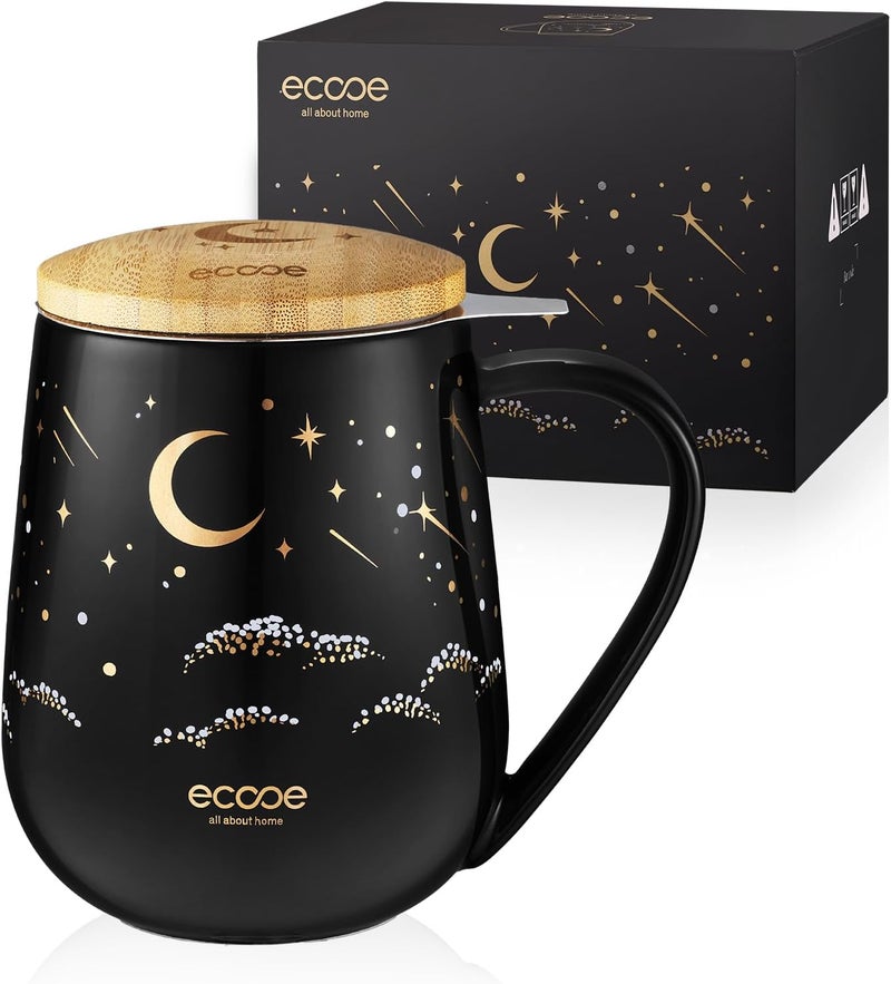 ecooe Tea Infuser Mug 20.3oz Ceramic Tea Cup with Removable Stainless Steel Infuser and Lid, 600ml Tea Mug for Loose Leaf Tea Coffee Milk, Gifts for Women Parents Friends Office Home (Black) - Image 2