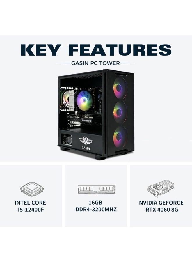 غاز كمبيوتر ألعاب بمعالج Core I5-12400F/بطاقة رسومات Nivida GeForce RTX 4060/محرك أقراص SSD سعة 1 تيرابايت/ذاكرة وصول عشوائي DDR4 سعة 16 جيجابايت/نظام تشغيل Windows 11/ أسود اسود - Image 3