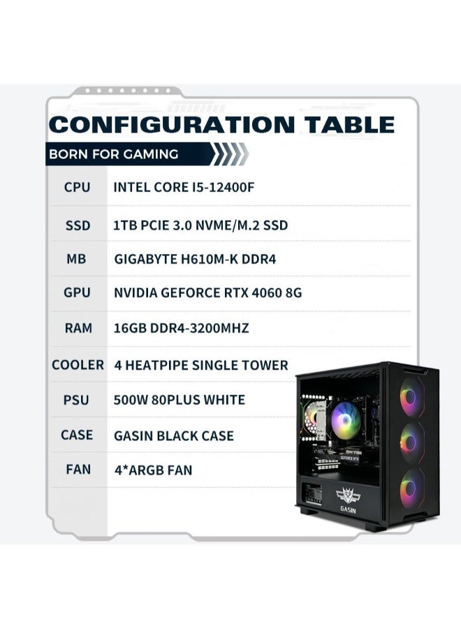 غاز كمبيوتر ألعاب بمعالج Core I5-12400F/بطاقة رسومات Nivida GeForce RTX 4060/محرك أقراص SSD سعة 1 تيرابايت/ذاكرة وصول عشوائي DDR4 سعة 16 جيجابايت/نظام تشغيل Windows 11/ أسود اسود - Image 4