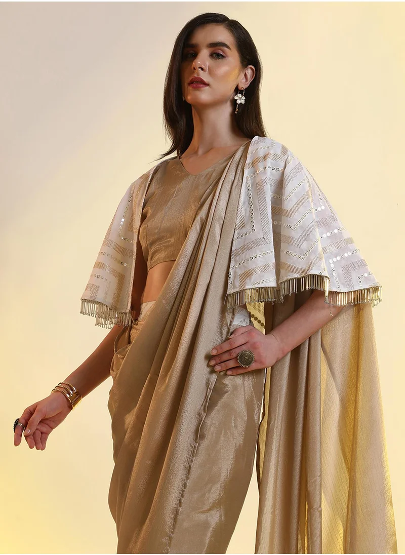  قصة Women's French Beige Bijou Cape Pre-Draped Saree