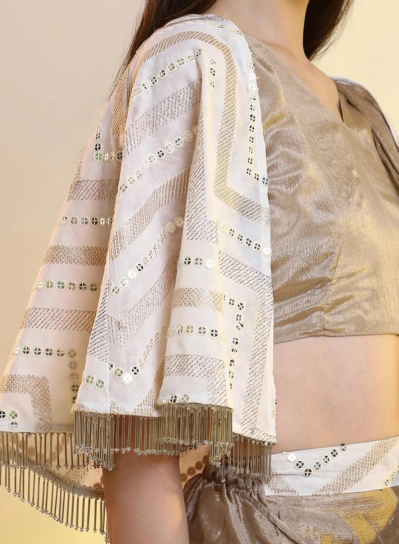  قصة Women's French Beige Bijou Cape Pre-Draped Saree