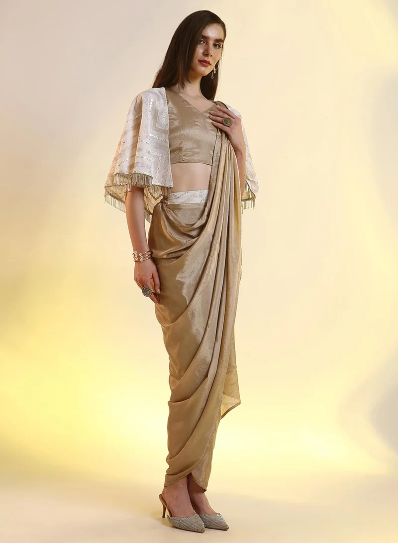  قصة Women's French Beige Bijou Cape Pre-Draped Saree