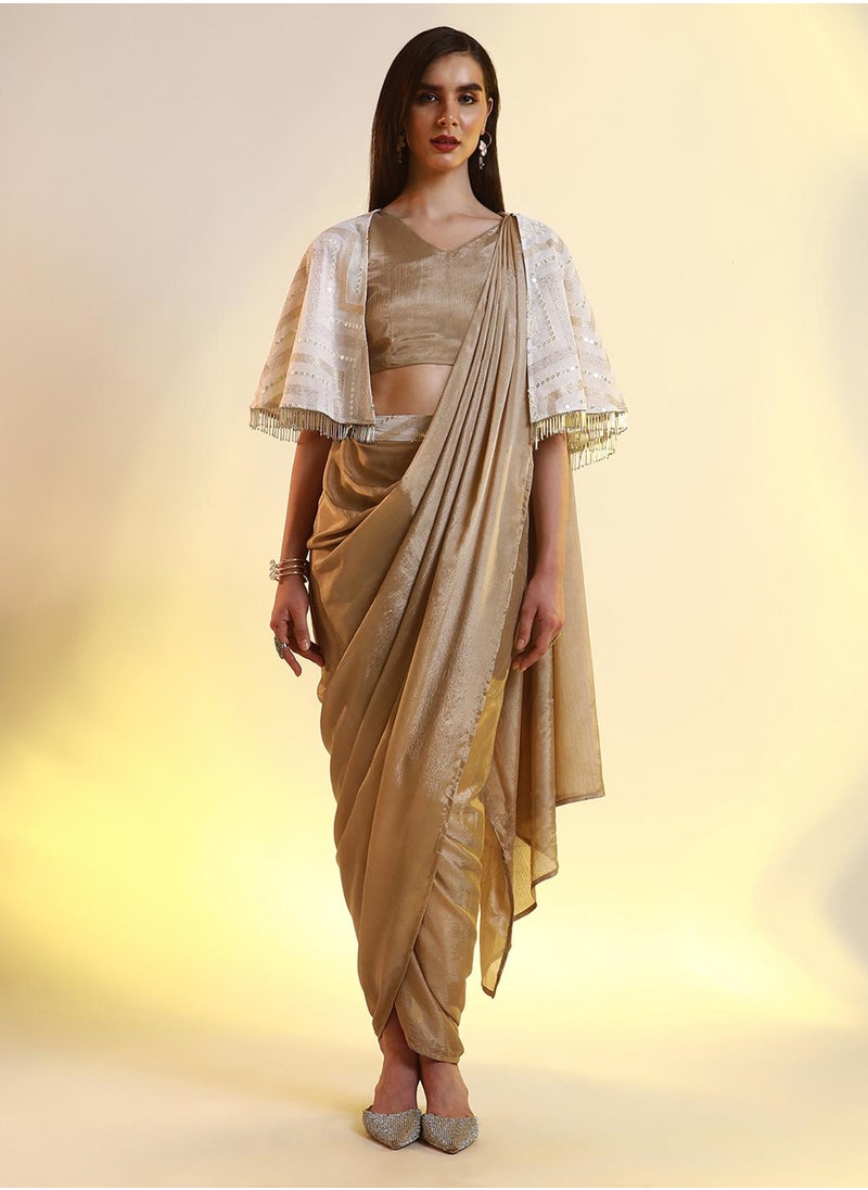  قصة Women's French Beige Bijou Cape Pre-Draped Saree  - Image 2