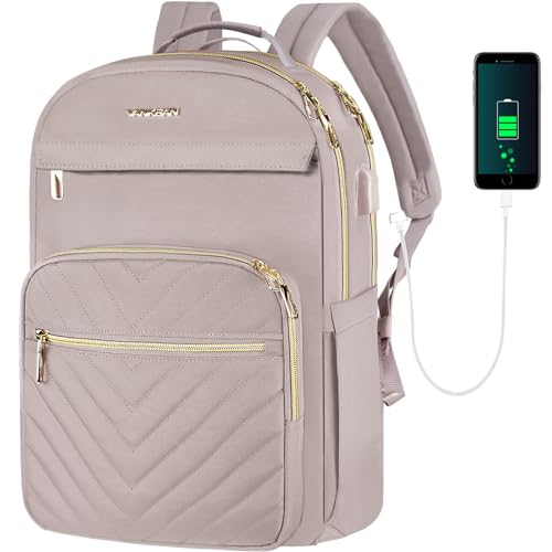 VANKEAN 17.3 Inch Laptop Backpack for Women Work Laptop Bag Fashion with USB Port, Waterproof Backpacks Stylish Travel Bags Casual Daypacks for College, Business, Light Dusty Pink - Image 1