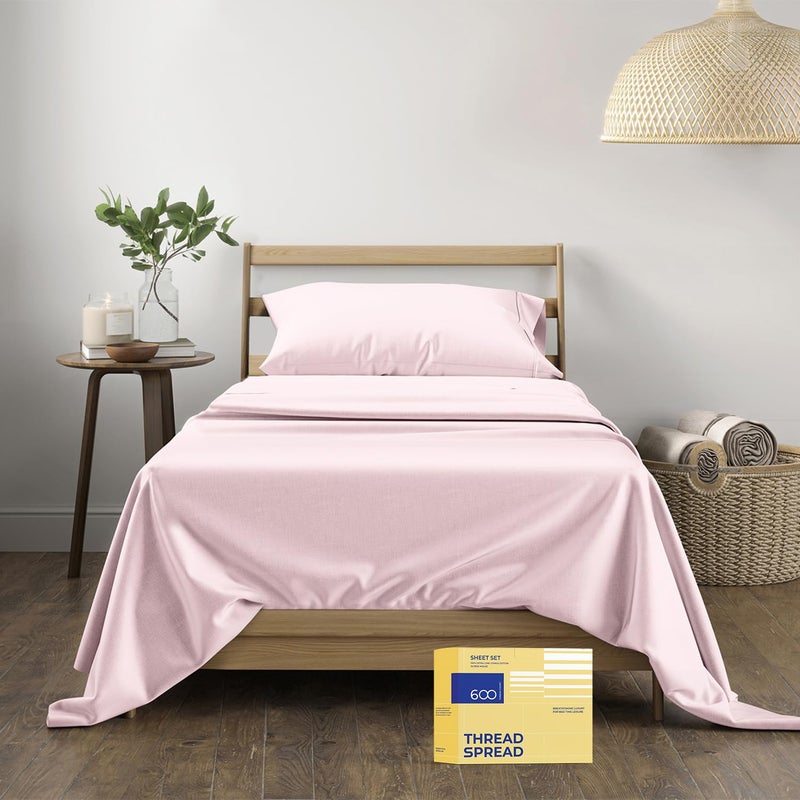 THREAD SPREAD 100 Egyptian Cotton Sheets Twin  600 Thread Count 3 PC Deep Pocket Twin Sheets Soft Cooling Sateen Weave College Dorm Room Bedding Sets 16 Deep Pocket  Blush