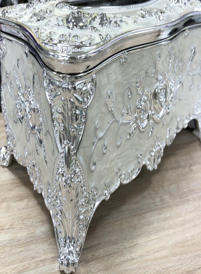 Tsnamay 9.45"x5.43"x3.94" Luxurious Rose Tissue Box with Imitation Diamonds, Embossed Flowers, Elegant Tissue Paper Holders for Home Toilet Bath Hotel,Silver-White - Image 2