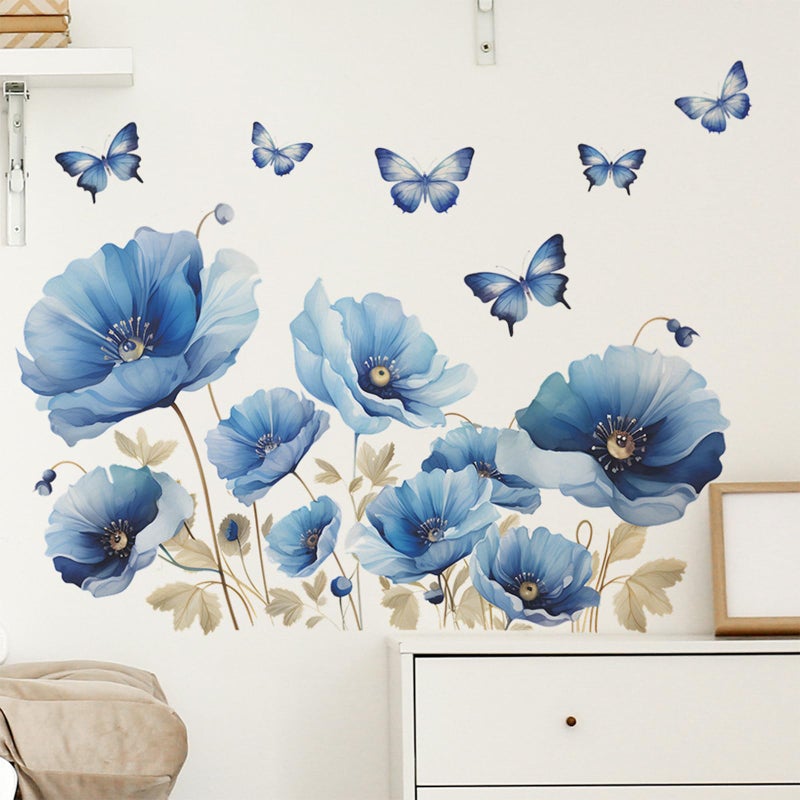 TUOKING Blue Flowers Wall Stickers Removable Butterfly Wall Murals Peel and Stick Wall Art Decal Home Decor for Kitchen,Bedroom,Living Room(fun-c13) - Image 1